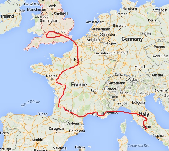 Map showing the route of the Europe study abroad trip
