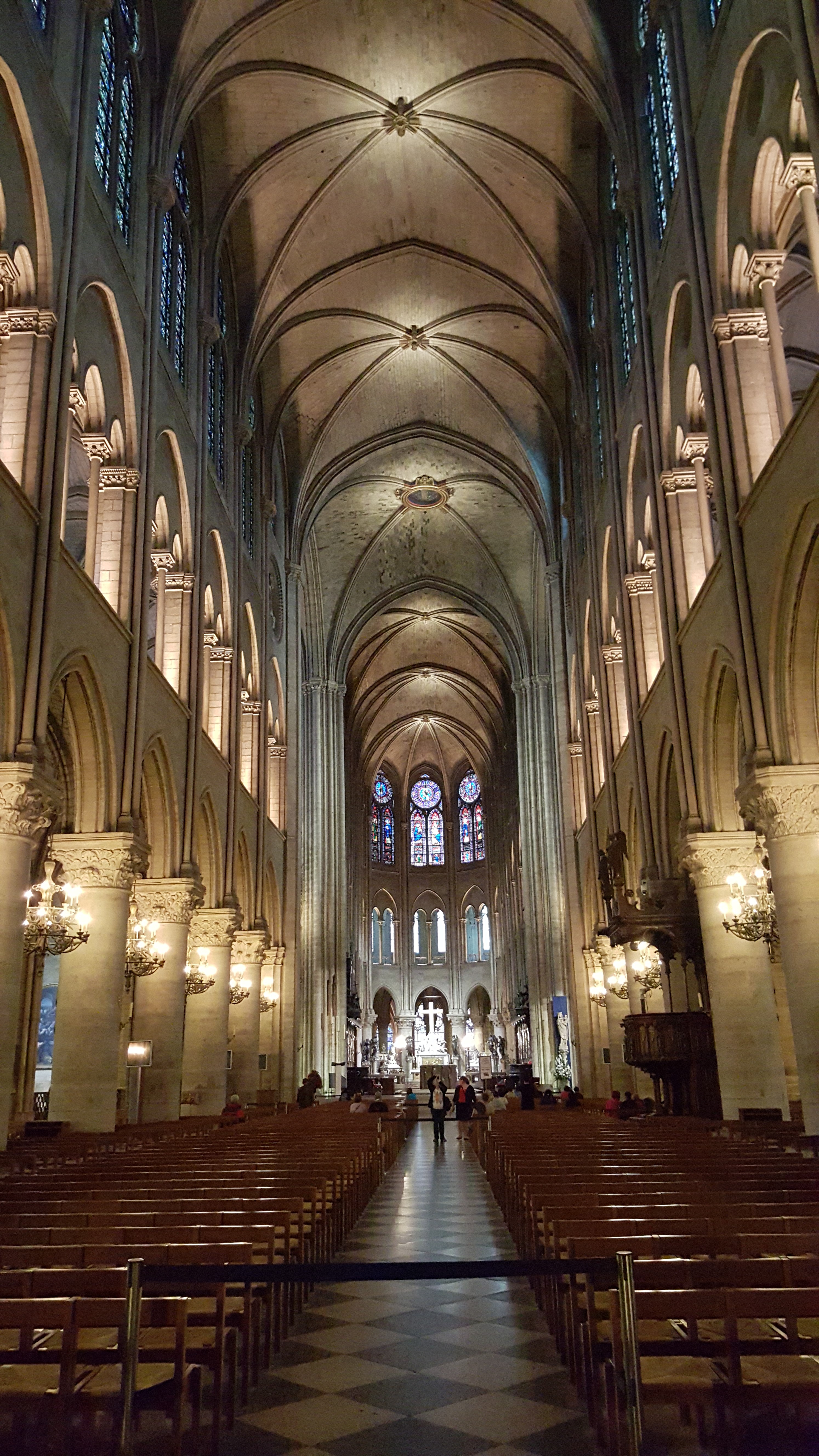 Interior view looking through a historic cathedral